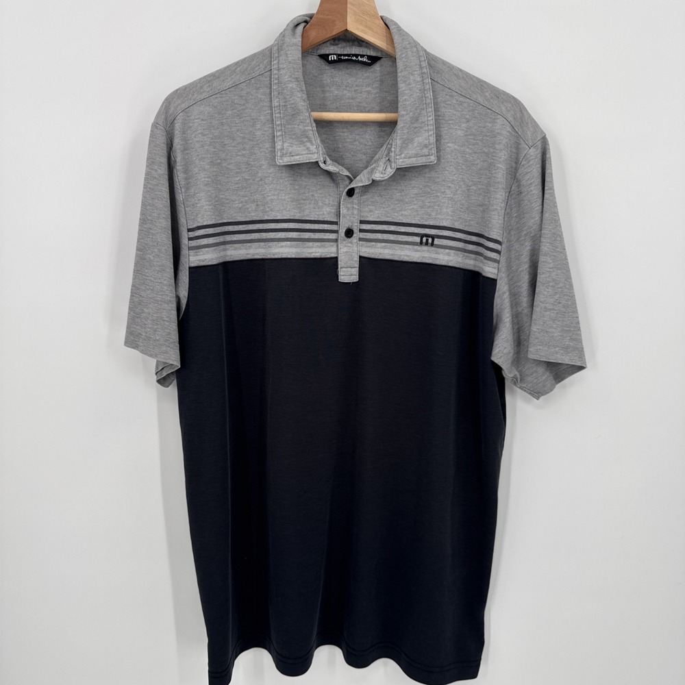 Travis Mathew Mens Striped Black Gray Polo Goft Shirt Size XL Cotton Blend